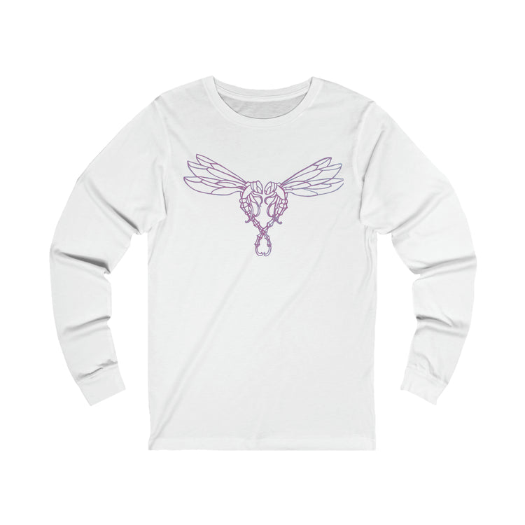 Front white long sleeve shirt with purple dragonfly logo