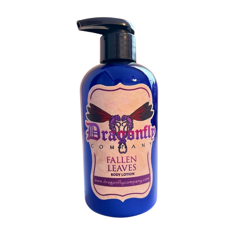 Fallen Leaves all-natural body lotion bottle with autumn décor and fall leaves