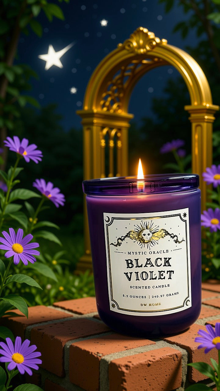 A purple scented candle labeled 'Mystic Oracle Black Violet' sits lit on a brick surface outdoors at night, surrounded by purple flowers and a glowing gold garden arch under a starry sky.