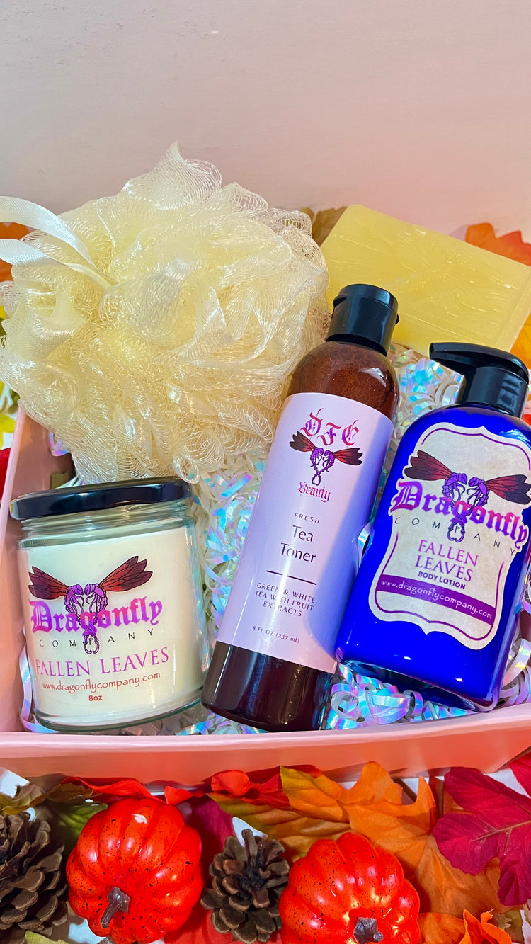 Handmade Fallen Leaves Bundle displayed in a pink box with cozy fall leaves accenting the packaging