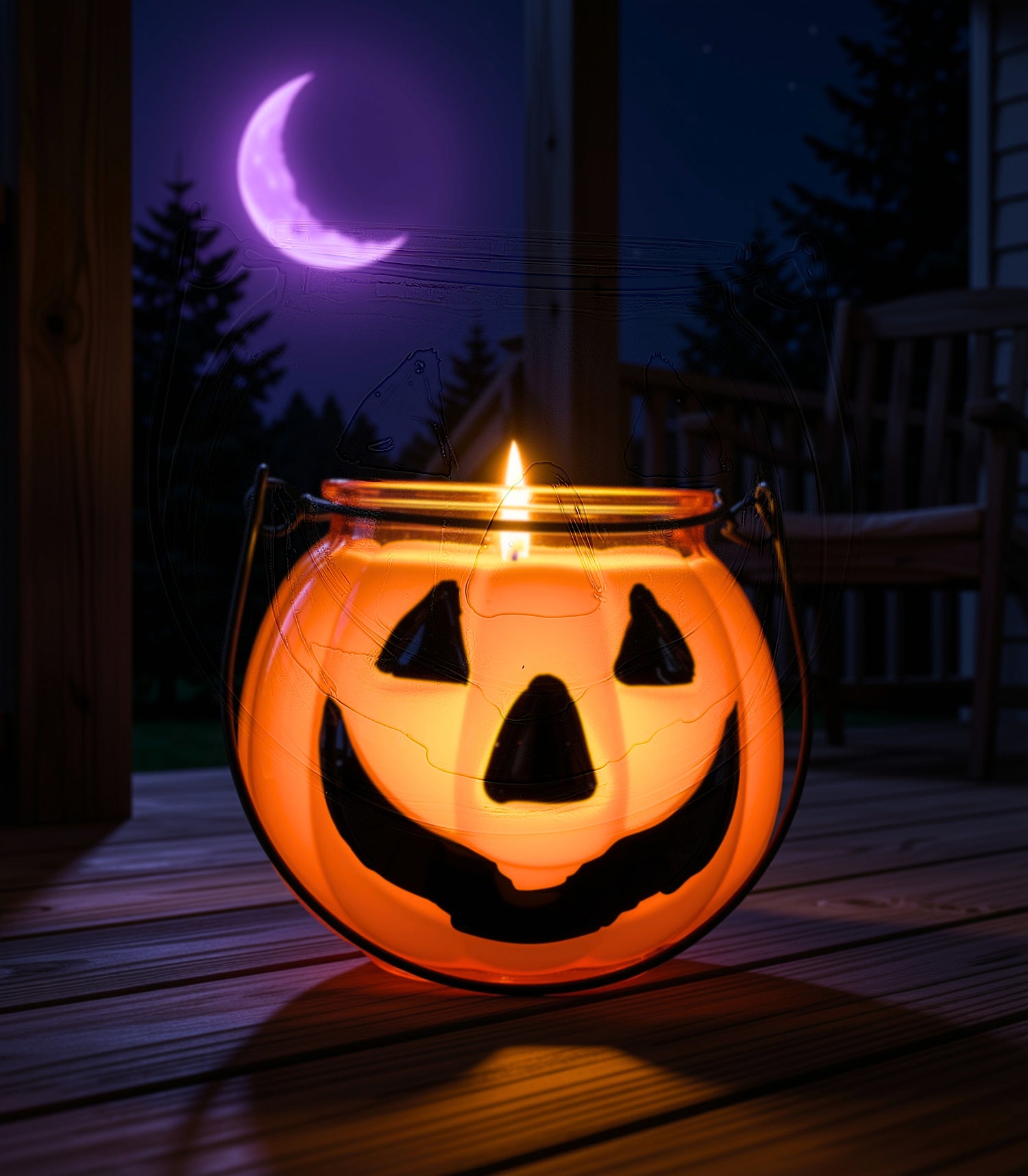 A glowing jack-o'-lantern-shaped candle with a black metal handle, lit with an orange flame inside, set on a wooden deck at night under a purple crescent moon sky.