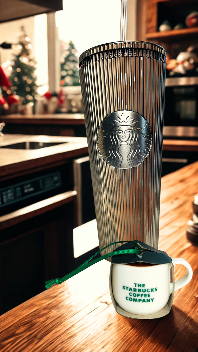 Starbucks tumbler and ornament on a kitchen counter