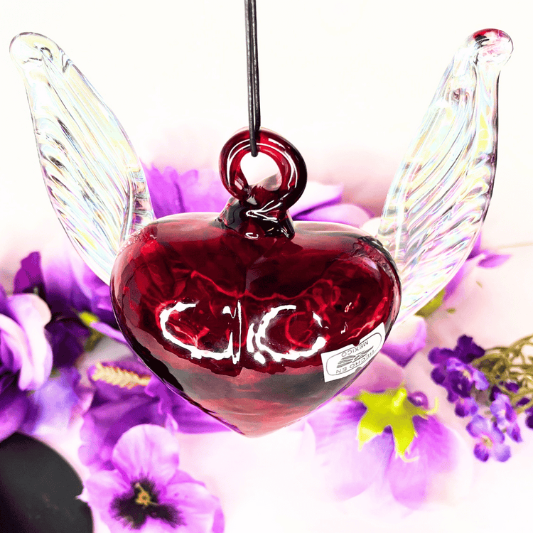 Hand blown Mexican glass heart with wings red heart with clear wings