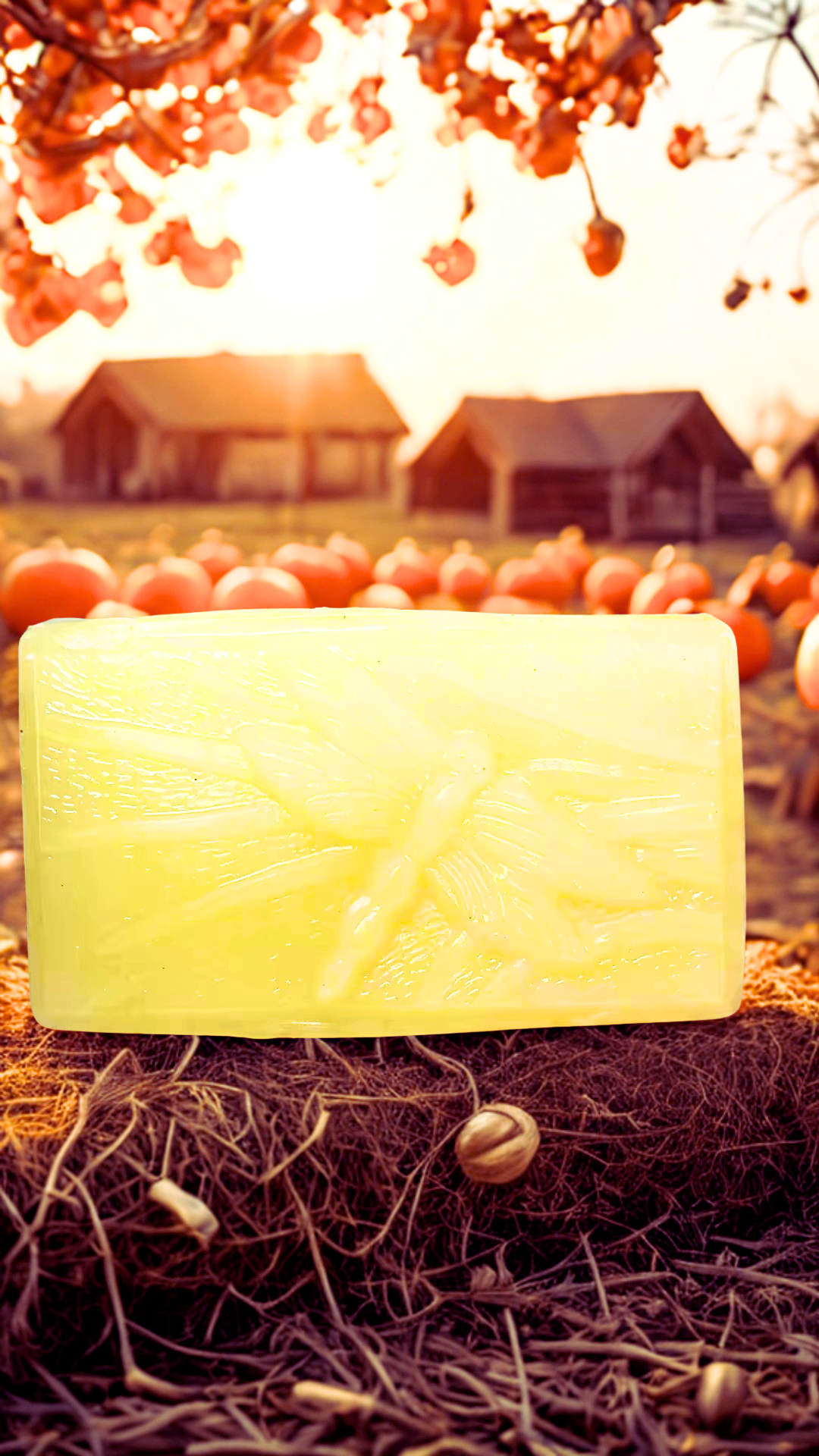 Dragonfly Company Fallen Leaves soap on a bed of straw with pumpkins and houses in the background
