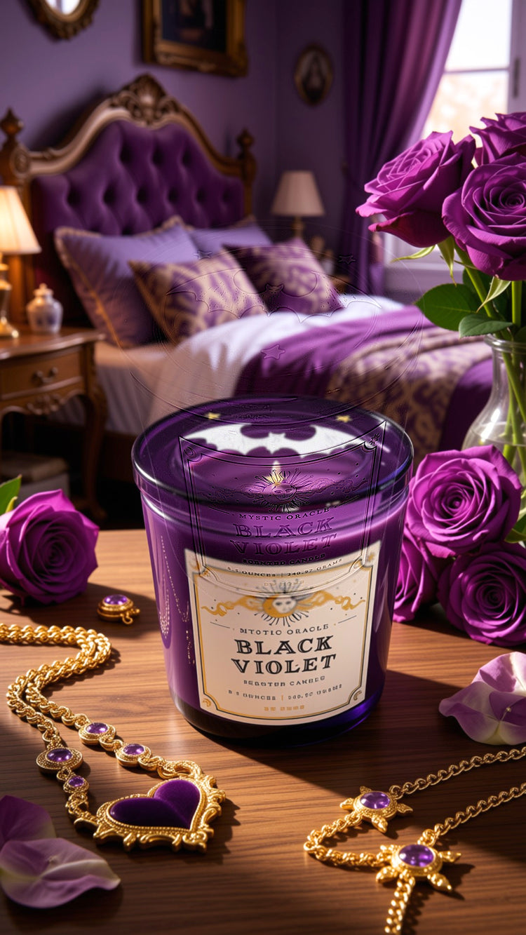 A purple glass jar candle labeled 'BLACK VIOLET' sits on a wooden table surrounded by purple roses, gold jewelry, and a purple bedroom in the background.