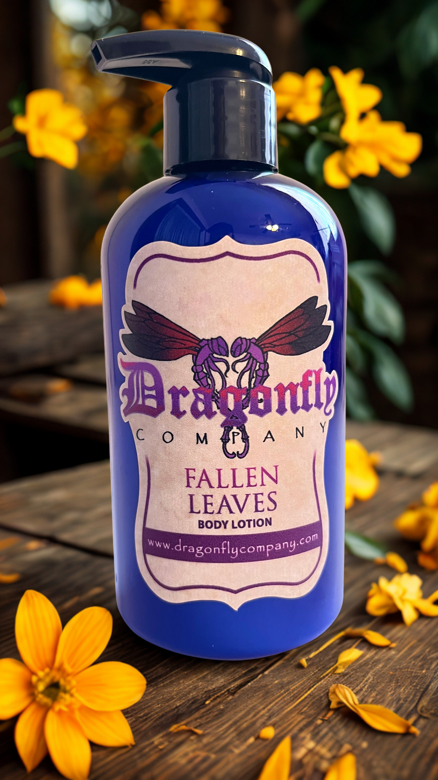 Hydrating autumn scented lotion made with natural ingredients on vanity shelf