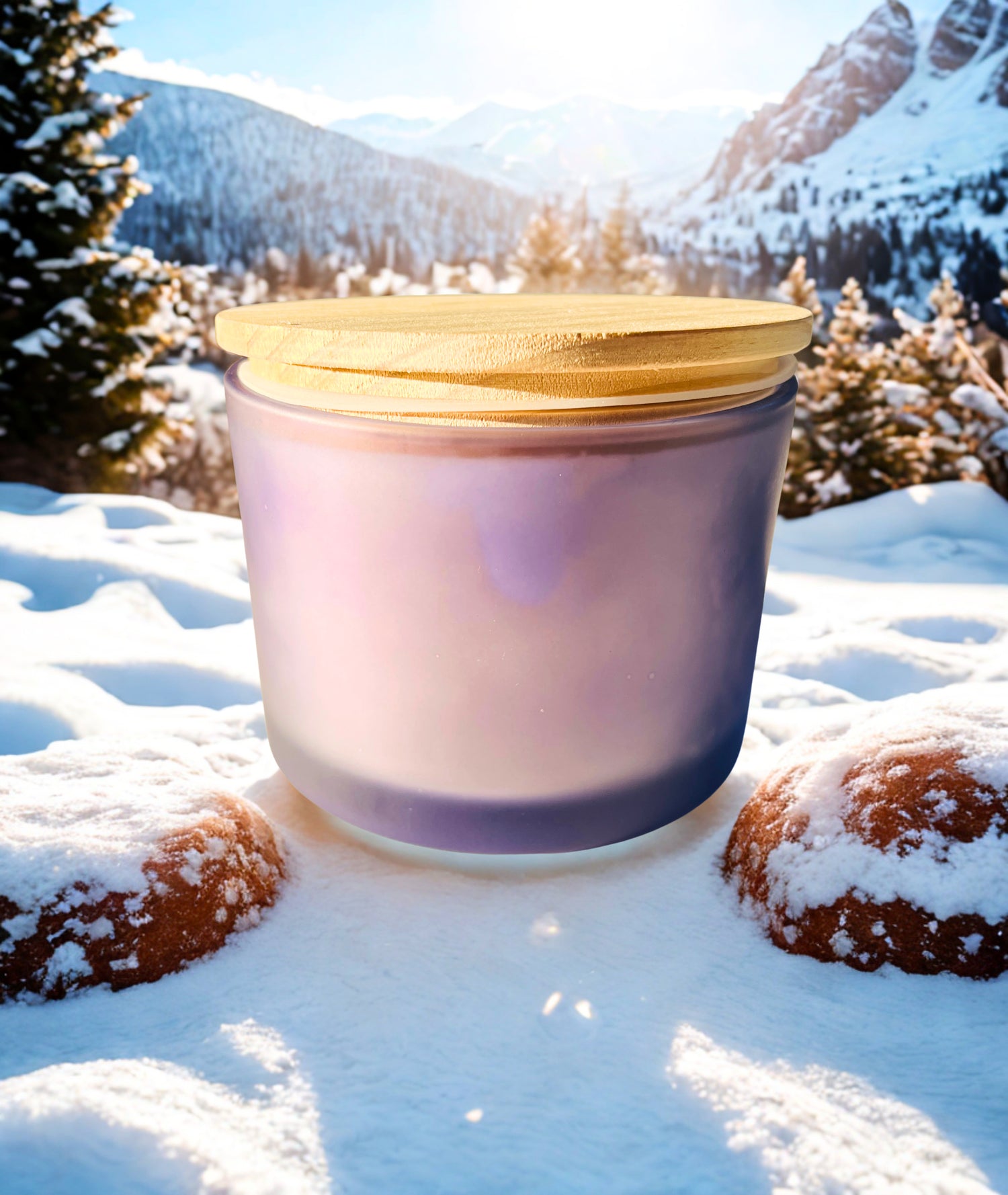 A frosted glass candle jar with a light wood lid sits in a snowy outdoor mountain setting. The candle wax has a soft lavender-purple hue, and the background shows snow-covered trees and mountains under bright sunlight.