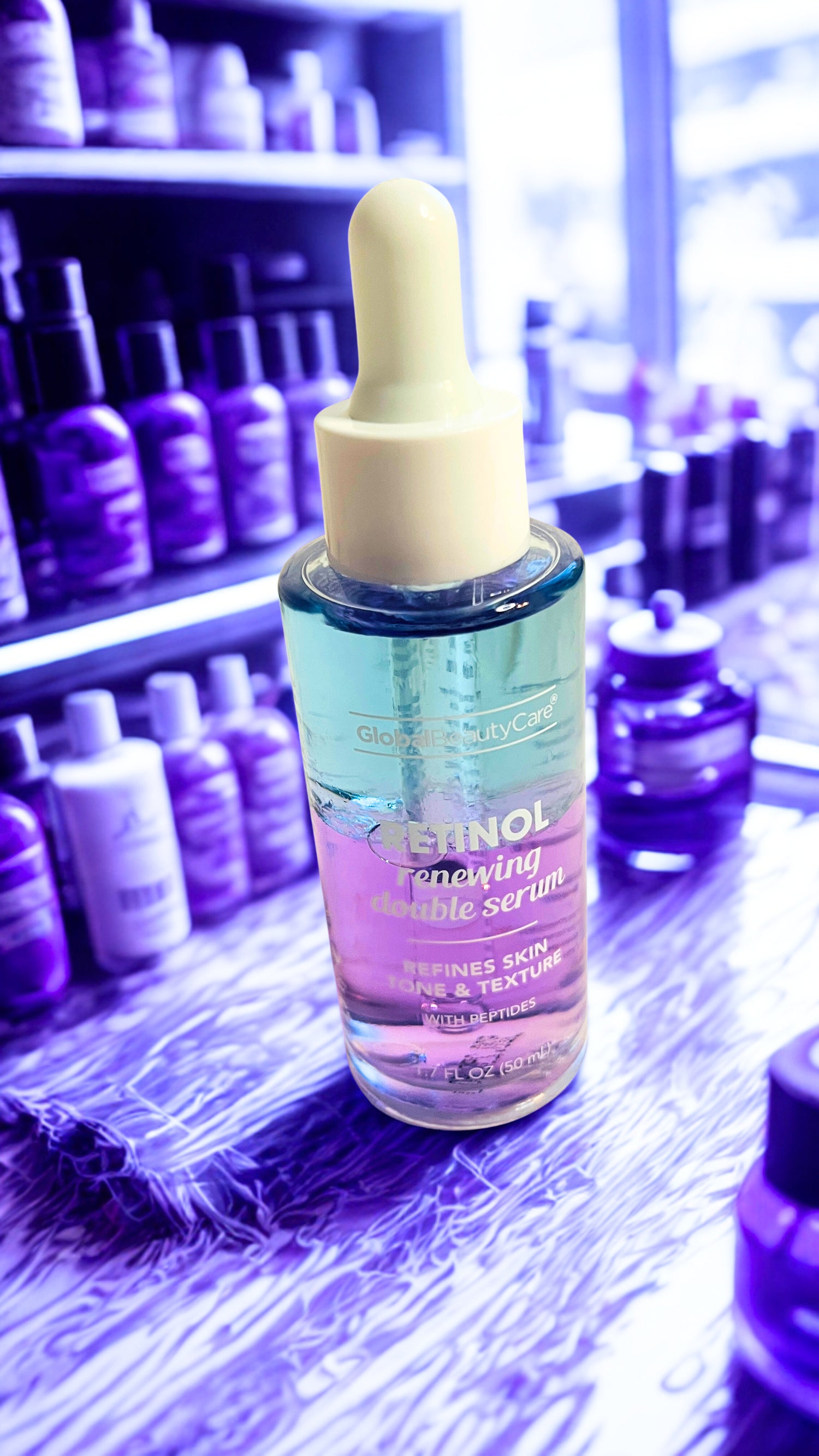 Limited Edition Retinol Serum bottle  on a shelf with similar products in the background.