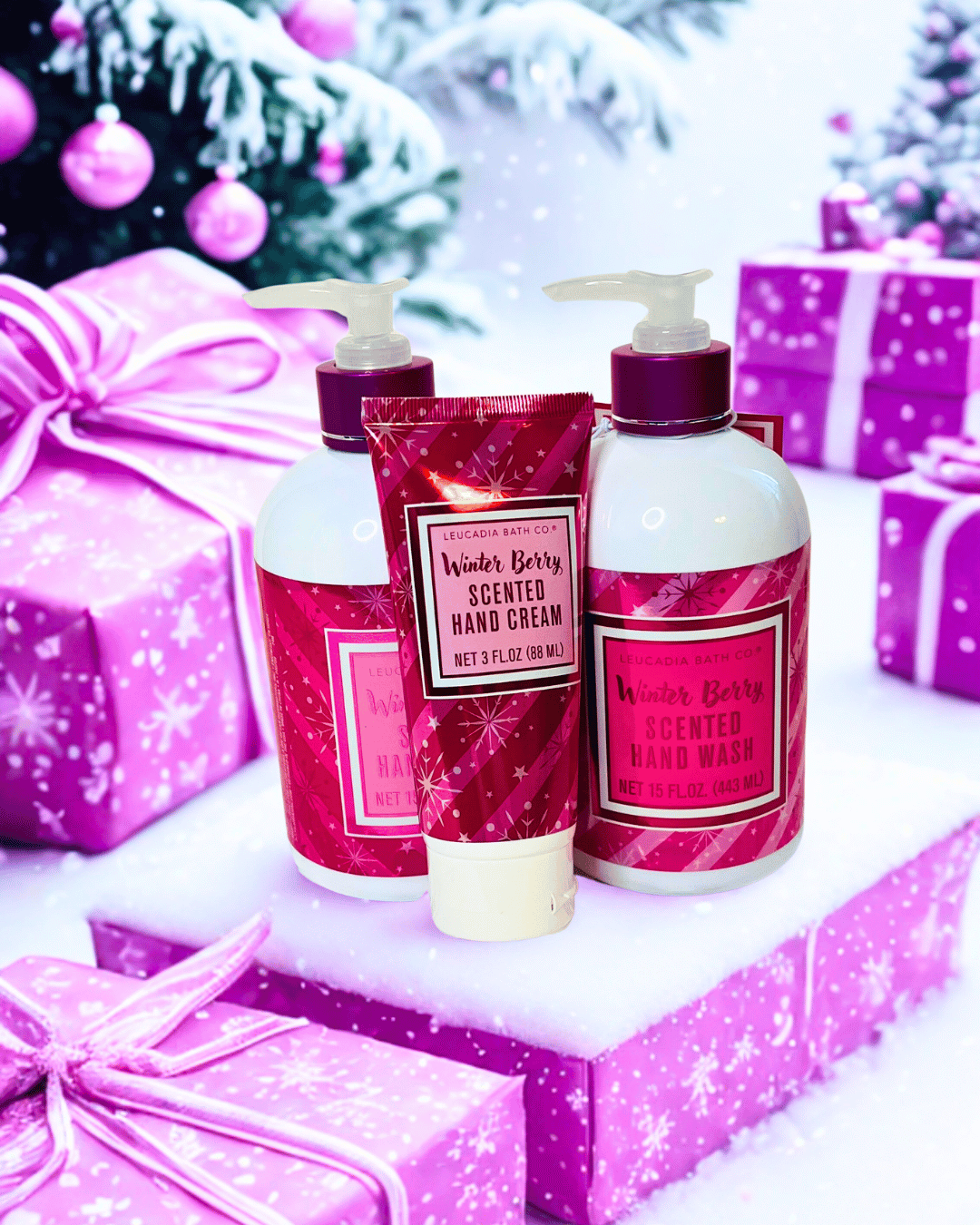 Hand wash and cream set with Christmas-themed packaging and decorations.