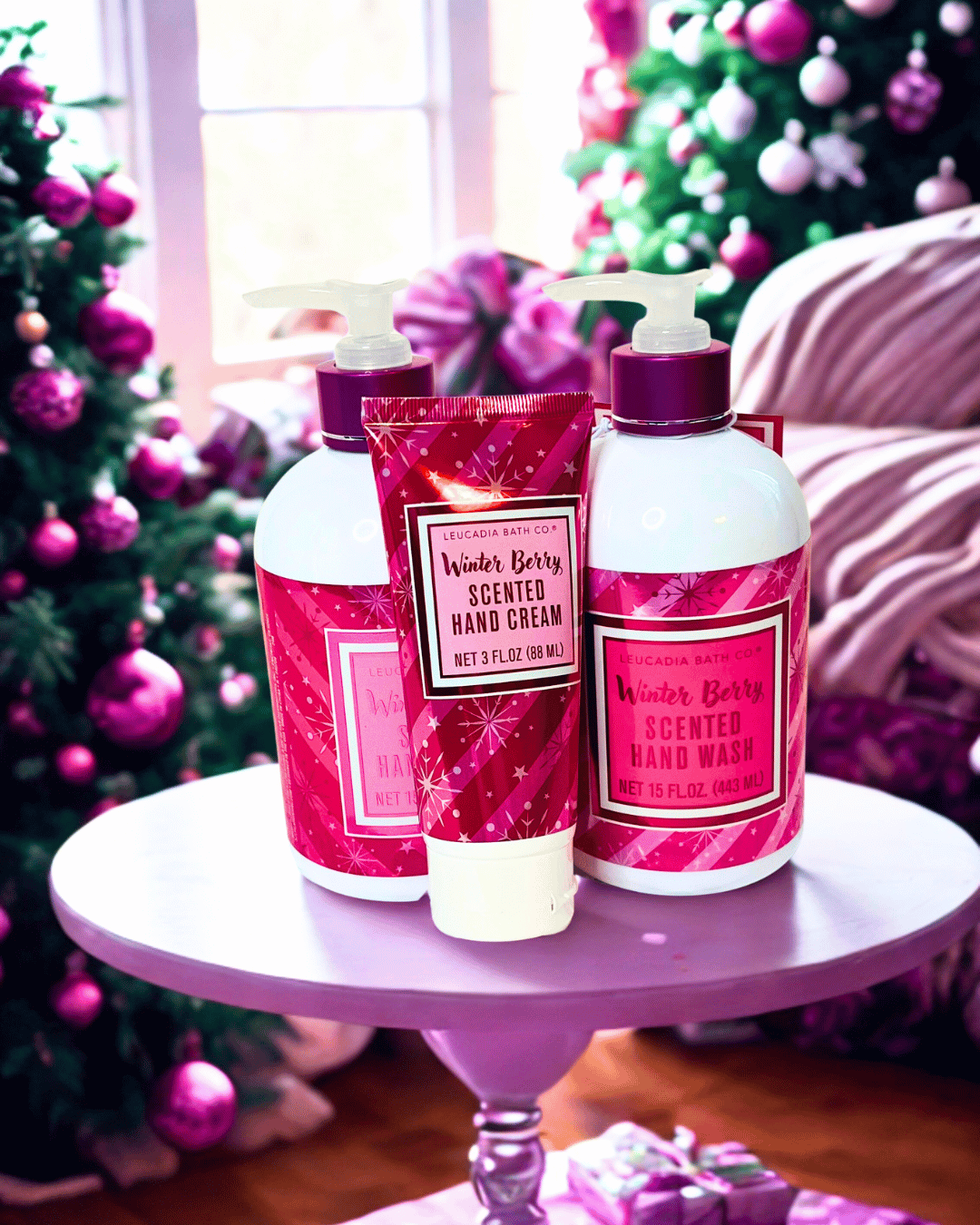 Hand wash and cream set with Christmas decorations in the background