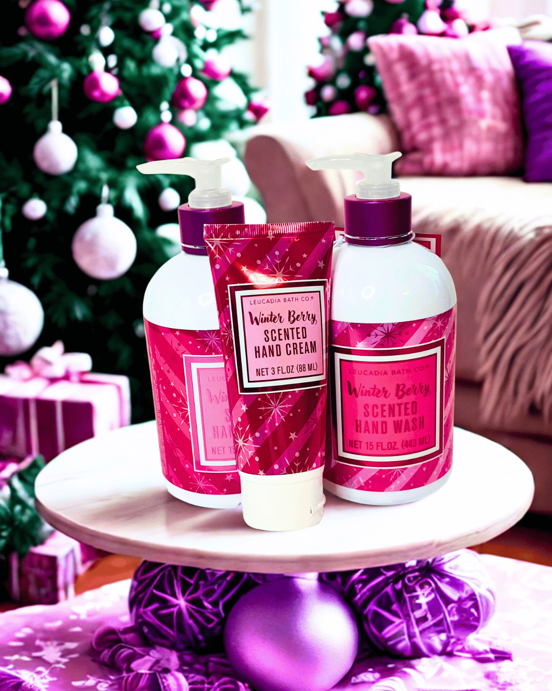 Hand wash and hand cream set on a stand with Christmas decorations in the background