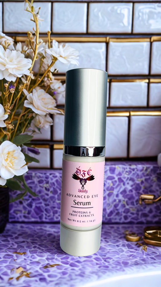 A bottle of Advanced Eye Serum stands on a purple patterned surface with a tiled wall and white flowers in the background.