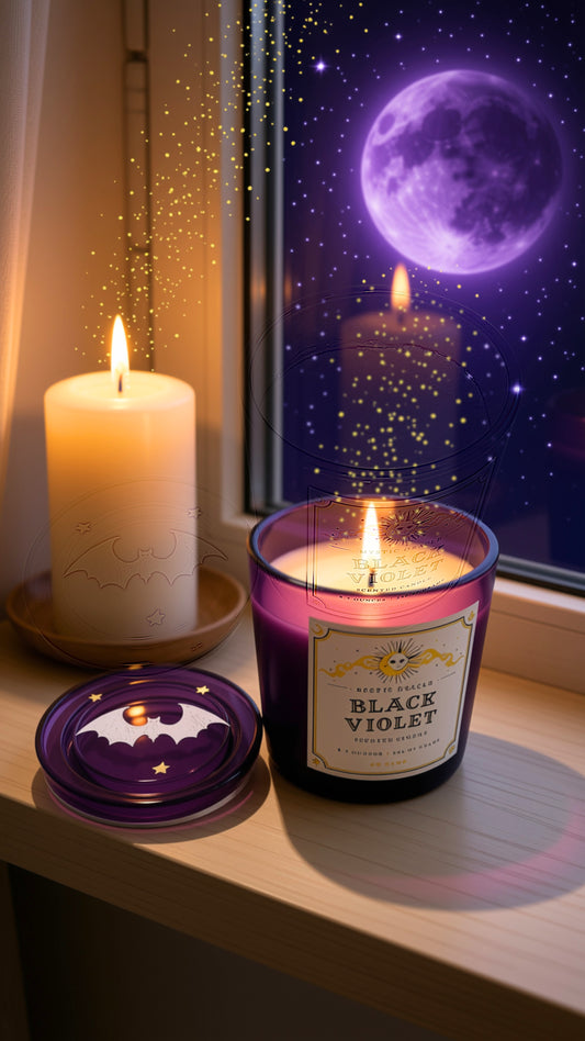 A lit purple glass candle jar labeled 'Black Violet' sits on a windowsill beside a tall white pillar candle and its matching purple lid. Outside the window, a large purple moon and starry sky are visible, with golden sparkles floating in the air.