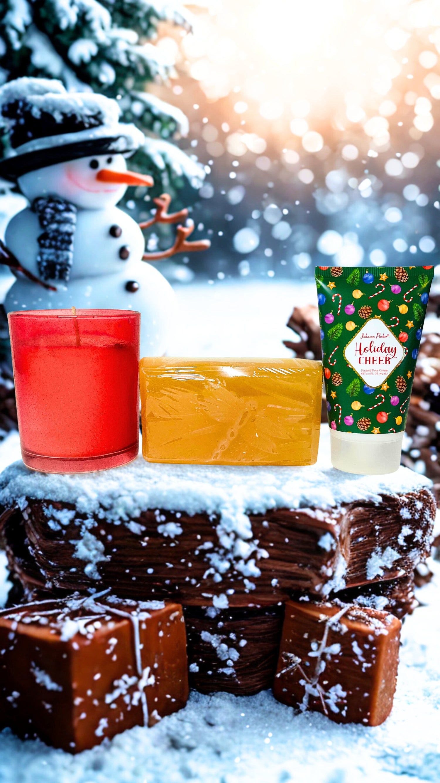 Stack of brownies with a snowman and festive items on a snowy background