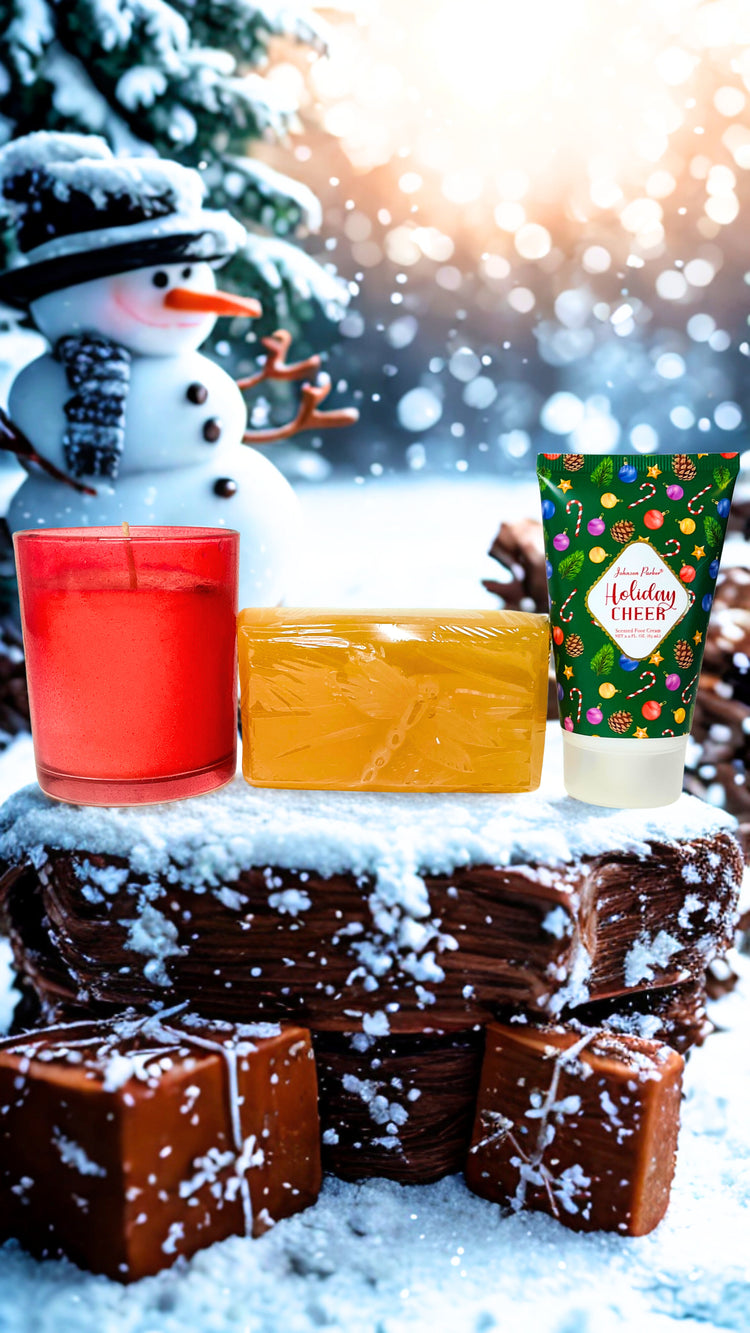 Stack of brownies with a snowman and festive items on a snowy background