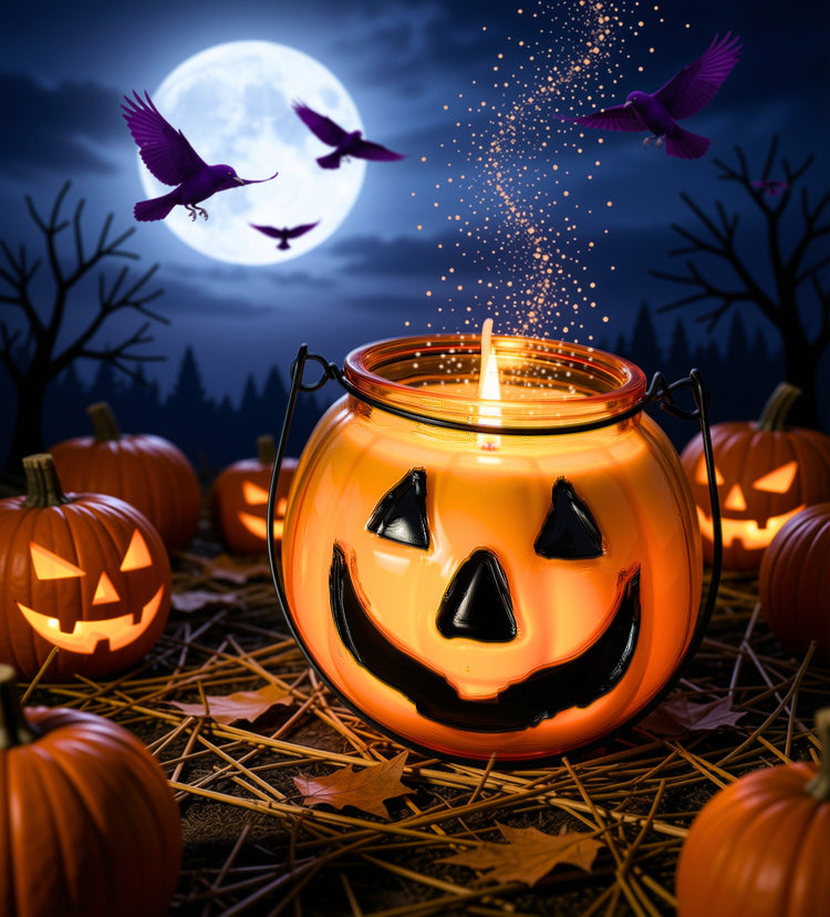 A glowing jack-o'-lantern-shaped candle  with a black metal handle sits on a bed of straw and pumpkins in a Halloween scene. The background shows a full moon, silhouetted trees, flying crows, and sparkles rising from the candle.