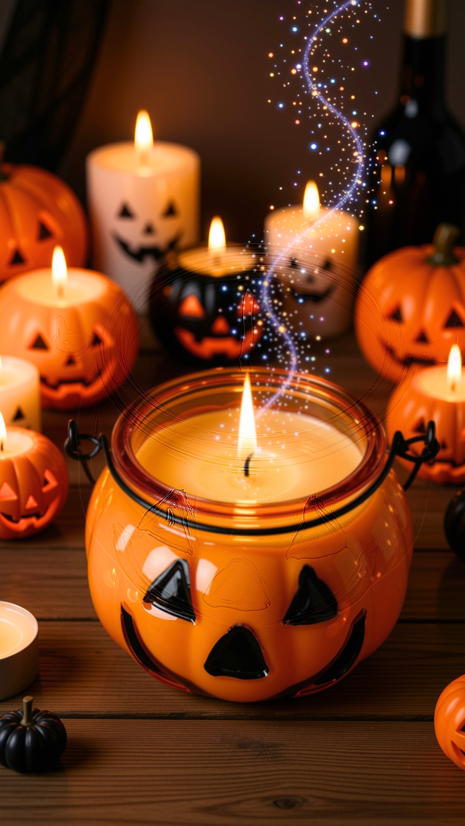 A Halloween-themed candle set on a wooden table, featuring a prominent orange jack-o'-lantern-shaped candle in the foreground with a glowing flame and a trail of sparkling magic-like dust rising above. Surrounding it are multiple lit candles, including white candles with jack-o'-lantern faces, orange pumpkin-shaped candles, and a small black candle, creating a warm, spooky ambiance.