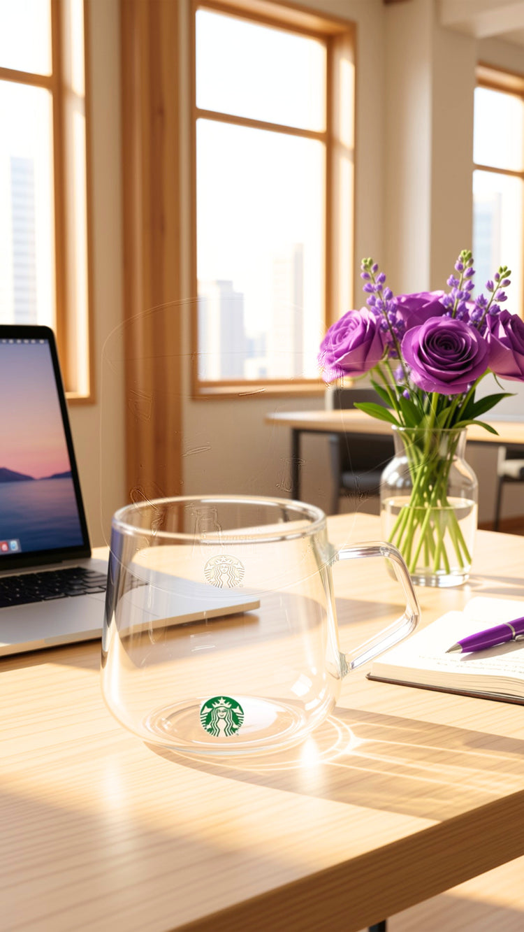 A clear glass Starbucks mug with a handle sits on a wooden desk in a bright office setting, with a laptop, purple flowers in a vase, and a notebook in the background.