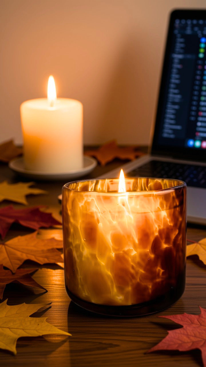 A lit candle in a textured amber glass jar sits on a wooden table surrounded by autumn leaves, with another candle and a laptop blurred in the background.
