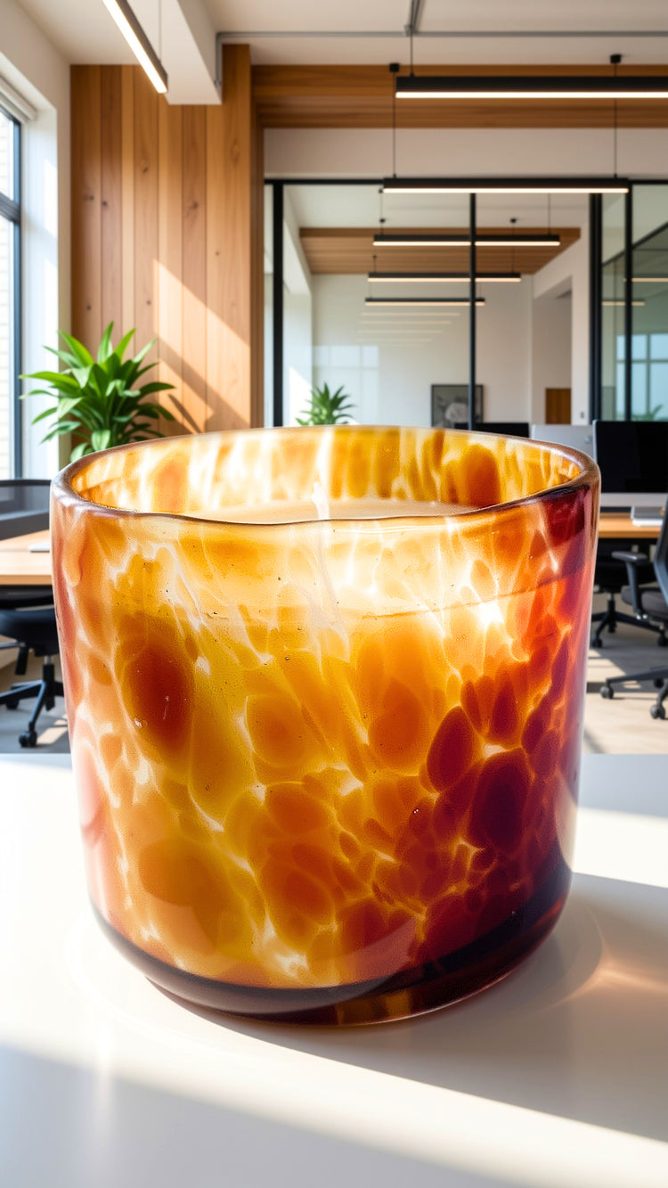 A large amber container candle or with a glossy, texture, set on a white surface in a modern office environment with wood paneling and glass walls in the background.
